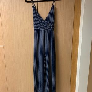 Blue and White Striped Open-Back Jumpsuit